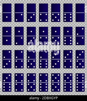 Complete set of realistic dominoes in blue color isolated on transparent background. Domino bones art design. Vector illustration Stock Vector