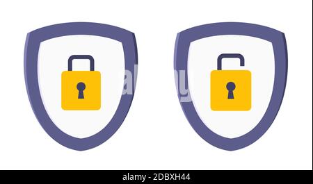 Shield with closed and opened padlock on it security protection symbol set. Stock Vector