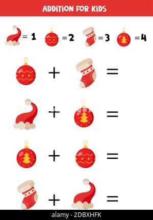 Solve the math equation. Cartoon Christmas socks and hats. Stock Vector