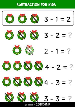 Subtraction game for kids with cartoon Christmas wreaths. Stock Vector