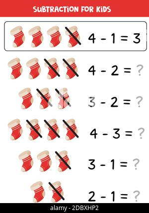 Subtraction game for kids with cartoon Christmas sock. Stock Vector