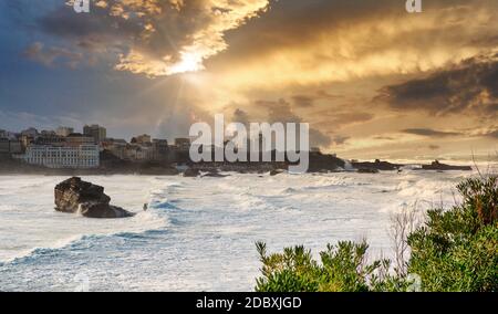 an ocean storm weather with huge waves in Biarritz, France Stock Photo
