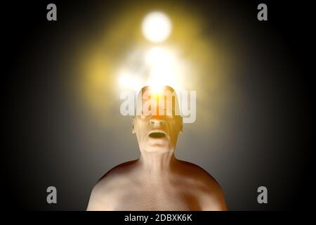 3D rendered Illustration of the soul leaving a dead old body upon death.