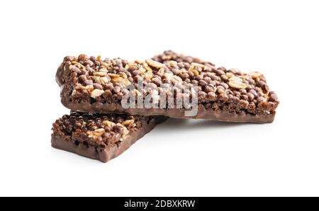 Chocolate cereal bars. Tasty protein bars isolated on white background. Stock Photo