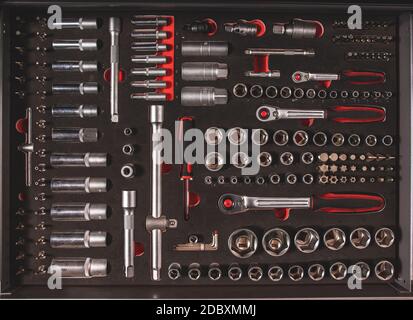 Toolkit of various tools in the box Stock Photo