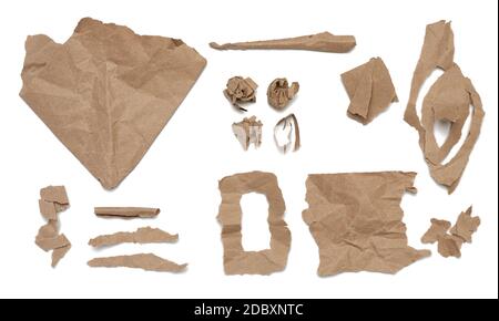 torn various stripes, shapes of crumpled brown kraft paper isolated on white background, flat lay, set Stock Photo