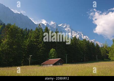 geography / travel, Germany, Bavaria, view to Zugspitze (peak) from Grainau, Upper Bavaria, Southern G, Additional-Rights-Clearance-Info-Not-Available Stock Photo