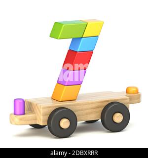 Wooden train Number 7 SEVEN 3D render illustration isolated on white background Stock Photo