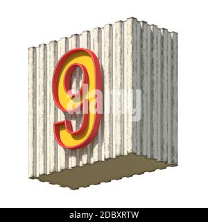 Vintage concrete red yellow Number 9 3D render illustration isolated on white background Stock Photo