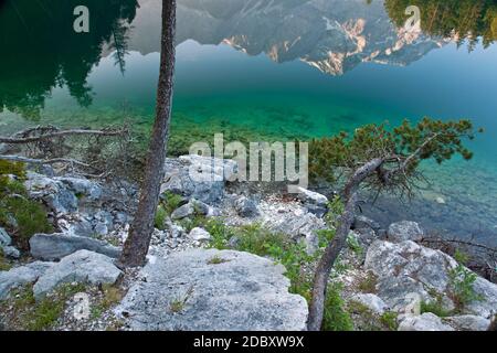 geography / travel, Germany, Bavaria, Grainau, reflection of the Zugspitze (peak) in the Eibsee (lake), Additional-Rights-Clearance-Info-Not-Available Stock Photo
