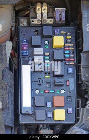 Car fuse box with relayes and fuses Stock Photo