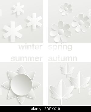 Four banners, one for each of the seasons of the year. Vector illustration that simulates the cut out paper style. Stock Vector