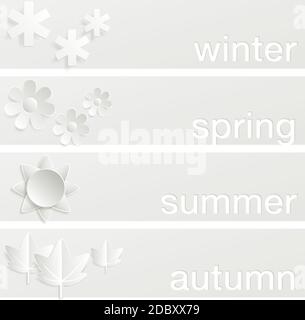 Four banners, one for each of the seasons of the year. Vector illustration that simulates the cut out paper style. Stock Vector
