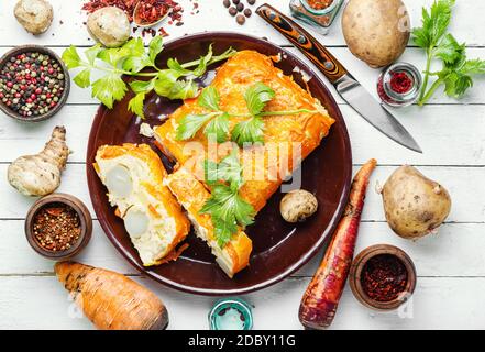 Homemade terrine with Jerusalem artichoke,carrots and potatoes Stock Photo