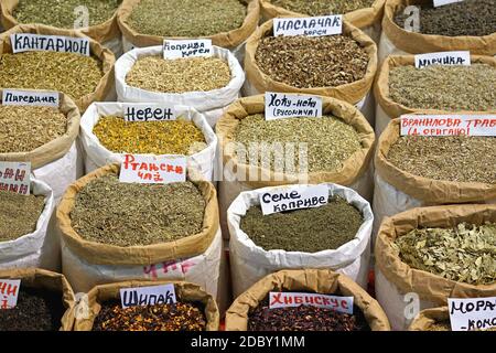 Natural tea and herbs in sacks Stock Photo