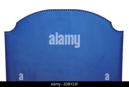 Dark indigo navy blue soft velvet fabric shaped bed headboard isolated on white background, front view Stock Photo