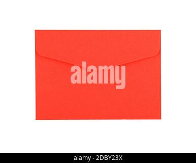 Closed blank vivid red paper envelope isolated on white background, flat lay, directly above Stock Photo