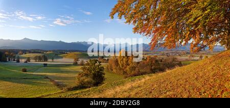 geography / travel, Germany, Bavaria, Riegsee near Murnau, view from hilltop near Riegsee to Wetterste, Additional-Rights-Clearance-Info-Not-Available Stock Photo