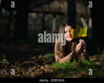 Young Beautiful Long Haired Brunette Woman Lie Prone in the Forest with Maple Leaf Stock Photo