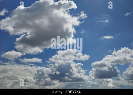 The fluffy, cauliflower-shaped cumulus in the blue sky Stock Photo