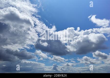 Sunlit bright blue sky with lush cumulus clouds Stock Photo