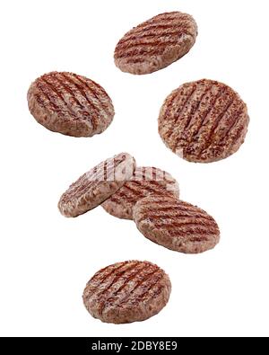 Falling grilled hamburger meat isolated on white background, clipping path, full depth of field Stock Photo