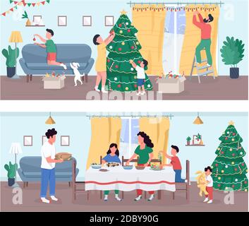 Christmas celebration semi flat vector illustration set Stock Vector
