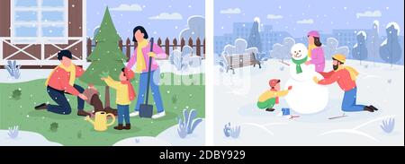 Family winter activity semi flat vector illustration set Stock Vector