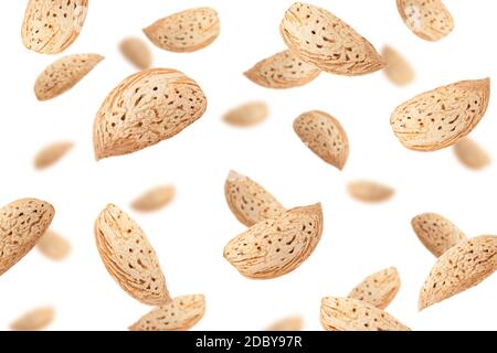 Falling Almond nut in shell isolated on white background, selective focus Stock Photo