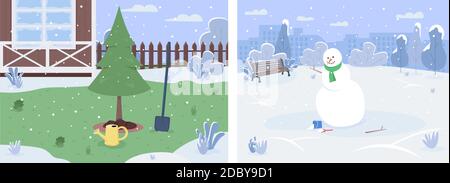 Winter scenery semi flat vector illustration set Stock Vector
