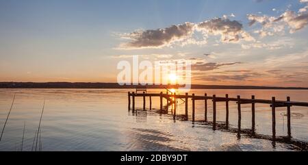 geography / travel, Germany, Bavaria, Andechs, footbridge at Ammersee (Lake Ammer) at sunset, Aidenrie, Additional-Rights-Clearance-Info-Not-Available Stock Photo