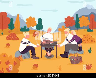 Picnic in autumn countryside semi flat vector illustration Stock Vector