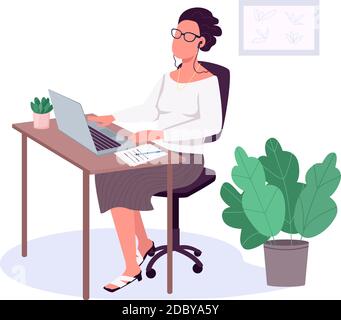 Woman working with laptop flat color vector faceless character Stock Vector