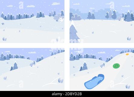 Winter scenery semi flat vector illustration set Stock Vector