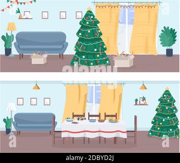 Christmas home semi flat vector illustration set Stock Vector