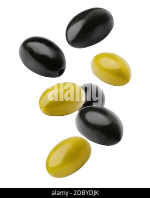 Falling green and black olive isolated on white background, clipping path, full depth of field Stock Photo