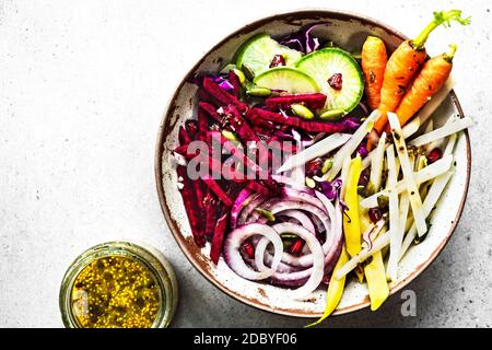 Beetroot with Kohlrabi , Red Cabbage Salad with Wholegrain Mustard Vinaigrette Stock Photo