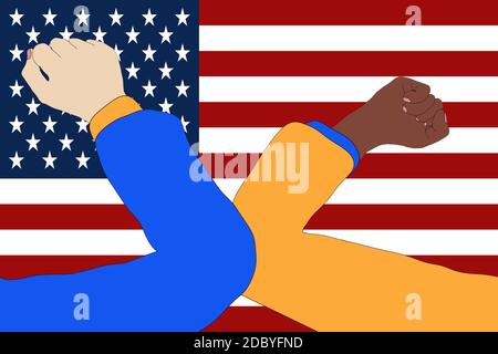 Elbow bump. New, innovative greeting to avoid the spread of the coronavirus in front of a USA flag