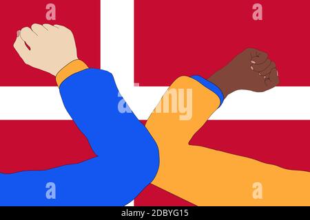 Elbow bump. New, innovative greeting to avoid the spread of the coronavirus in front of a denmark flag