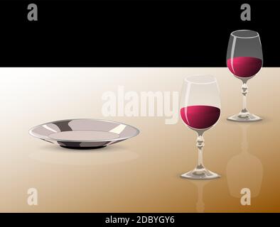 Vector set of plates of wine glasses and wine on the table. EPS 10 Stock Vector