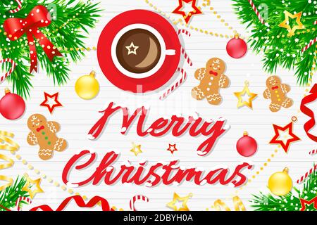 Merry Christmas vector background illustration with coffee cup and gingerbread cookies. ornaments and tree. Top view. Stock Vector