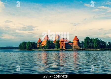 Trakai Island Castle in Lake Galve, Most Popular Tourist Destination in Lithuania. Drone View