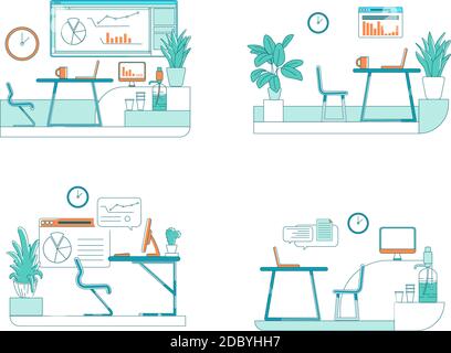 Office spaces flat color vector scene set Stock Vector