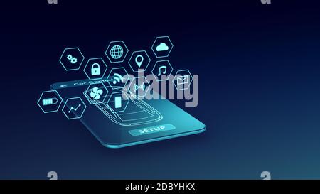 modern smartphone with an app for remote control of the car, futuristic holographic interface, luma matte for background replacement, seamless loop (3 Stock Photo