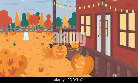 Halloween decorated yard flat color vector illustration Stock Vector