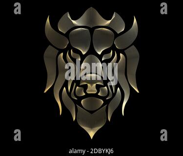 Linear stylized lion. Black and gold graphic. Vector illustration can be used as design for tattoo, t-shirt, bag, poster, postcard Stock Vector