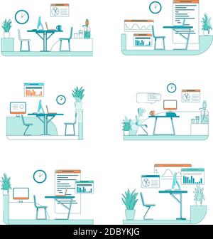 Office interior flat color vector scene set Stock Vector