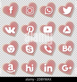 Social network icons on glass red heart, isolated vector objects on transparent background. Stock Vector
