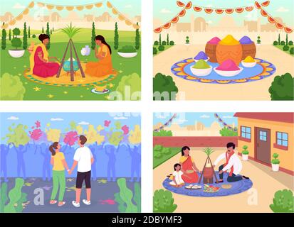 Indian holidays flat color vector illustration set Stock Vector