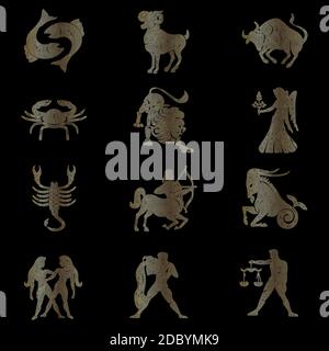 Set of signs of the zodiac, symbols of the zodiac, linear drawing, signs of the zodiac with golden lines on a black background, vector illustration Stock Vector